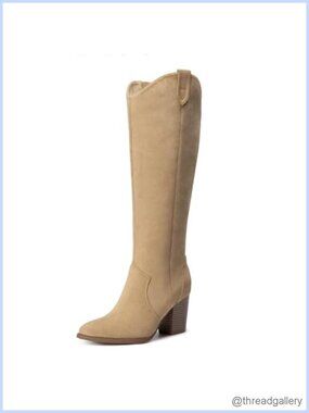 Suede Knee High Boots Pointed Toe Side Zip Block Heel Fall Winter